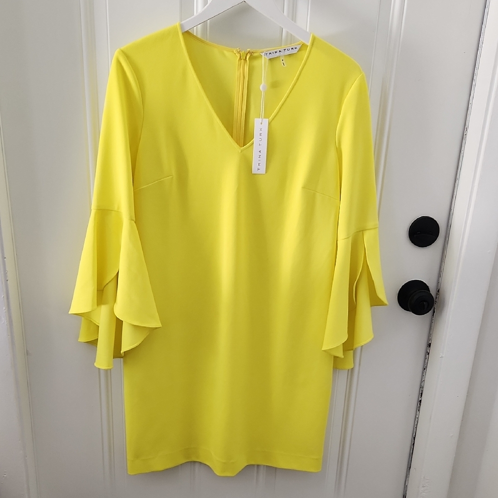 Trina Turk Yellow Ruffled Sheath Dress with Bell Sleeves